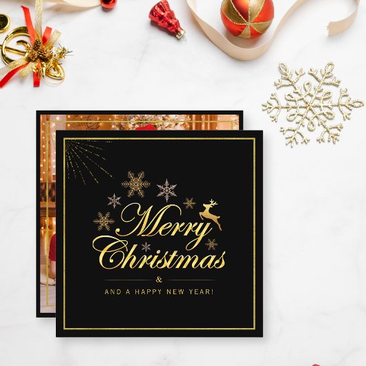 Elegante Weihnachts 1 Foto Schwarz und Gold Script Mitteilungskarte