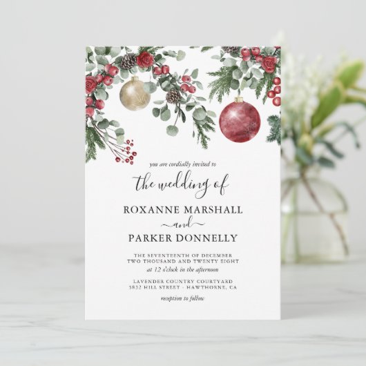 Elegante Weihnachts-Flora-Winter-Hochzeit Einladung (Stehend Vorderseite)