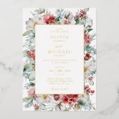 Elegante Weihnachts-Flora-Winter-Hochzeit Folieneinladung (Vorderseite)