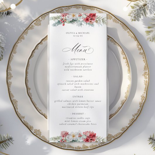 Elegante Weihnachts-Flora-Winter-Hochzeit Menükarte