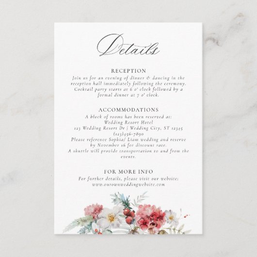 Elegante Weihnachts-Flora-Winter-Hochzeiten Detail Begleitkarte (Vorderseite)