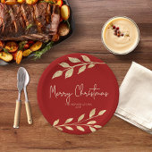 Elegante Weihnachts-Gold-Blätter auf Holiday Red Pappteller
