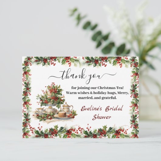 Elegante Weihnachts-Hochzeitsdusche-Teeparty Dankeskarte (Stehend Vorderseite)