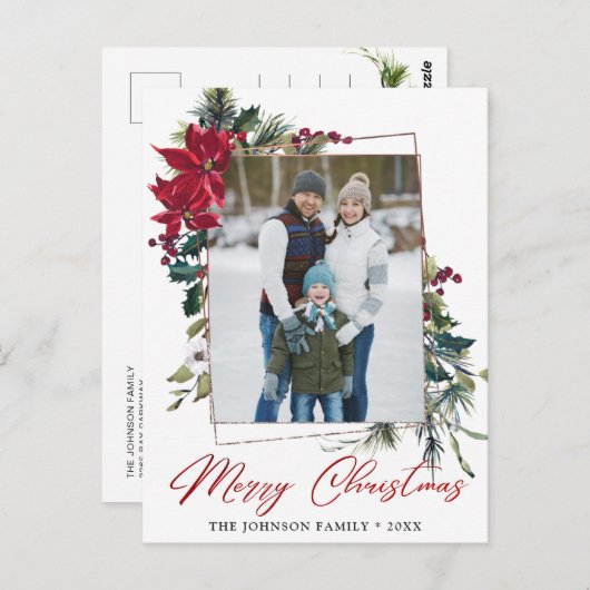 Elegante Weihnachts-Poinsettia Rahmen Foto Gruß Postkarte (Vorne/Hinten)