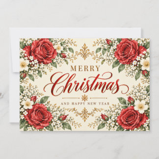 Elegante Weihnachts-Poinsettie & Stechpalme im Vin Feiertagskarte