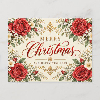 Elegante Weihnachts-Poinsettie & Stechpalme im Vin Feiertagspostkarte