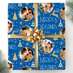 Elegante Weihnachts-Rentier-Foto-Collage Blau Gold Geschenkpapier