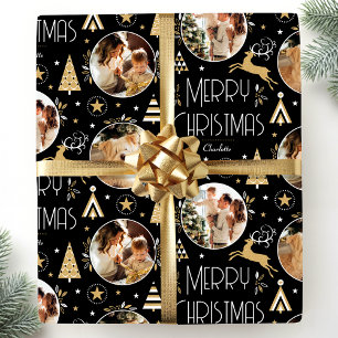 Elegante Weihnachts-Rentier-Fotocollage Schwarz Geschenkpapier