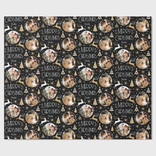 Elegante Weihnachts-Rentierfoto Collage Black Geschenkpapier (Flach)
