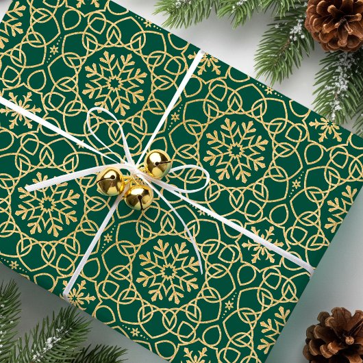 Elegante Weihnachts-Snowflake Imitats Gold Green Geschenkpapier