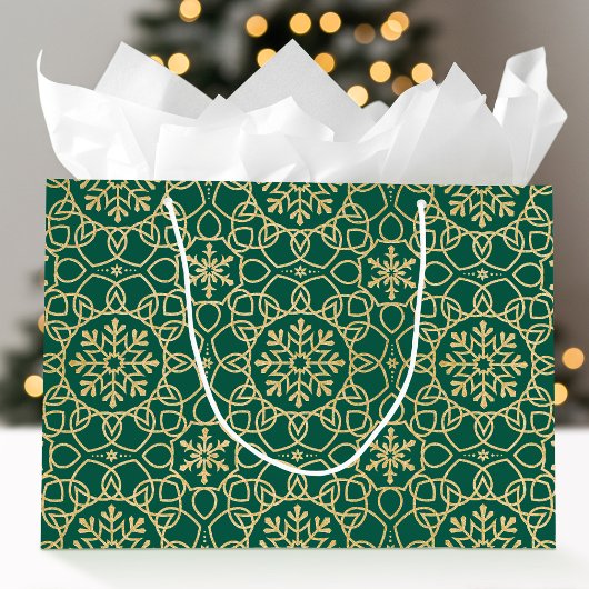 Elegante Weihnachts-Snowflake Imitats Gold Green Große Geschenktüte