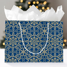 Elegante Weihnachts-Snowflake Imitats Gold Navy Große Geschenktüte