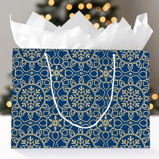Elegante Weihnachts-Snowflake Imitats Gold Navy Große Geschenktüte