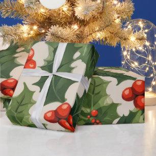Elegante Weihnachts-Stechpalmenblätter und -Beeren Geschenkpapier