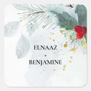 Elegante Weihnachts- und Winter-Aquarell-Hochzeit Quadratischer Aufkleber