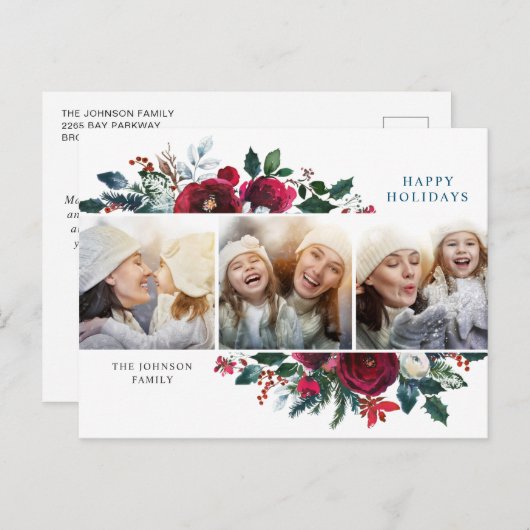 Elegante Weihnachts Winter Blume 3 Foto Gruß Postkarte (Vorne/Hinten)