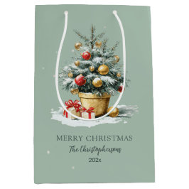 Elegante Weihnachtsbaum-Geschenktasche in Salbeigr Mittlere Geschenktüte