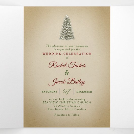 Elegante Weihnachtsbaum-Winterhochzeit Dreifach Gefaltete Einladung (Innenseite Mitte)