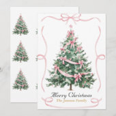 Elegante Weihnachtsbaumkarte mit rosa Schleife Einladung (Vorne/Hinten)
