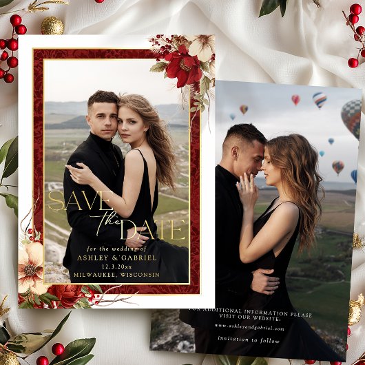 Elegante Weihnachtsblütenfolie Save the Date Folieneinladung