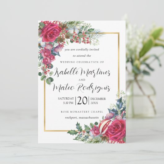 Elegante Weihnachtsfeiern in Roter Blüte Einladung (Stehend Vorderseite)