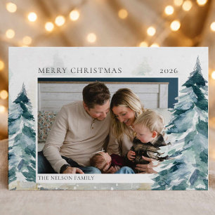 Elegante Weihnachtsfotokarte mit Waldmotiv Einladung