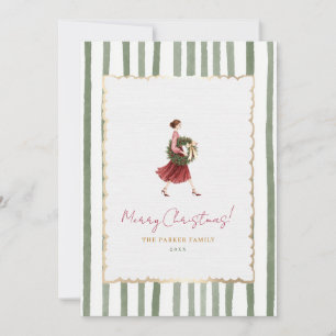 Elegante Weihnachtsfrau-Kranz grüne Streifen Foto Feiertagskarte