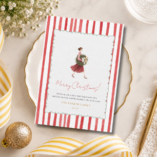 Elegante Weihnachtsfrau mit roten Streifen Feiertagskarte
