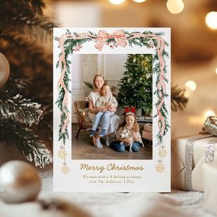 Elegante Weihnachtsgrün & Coquette Bow 1 Foto Feiertagskarte