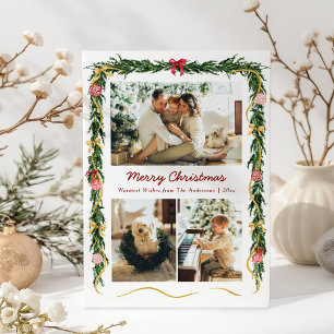 Elegante Weihnachtsgrün Garland & Bows 3 Foto Feiertagskarte