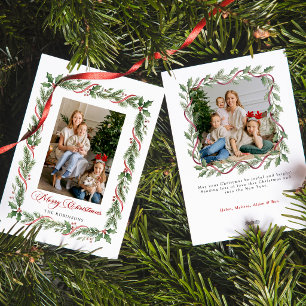 Elegante Weihnachtsgrün mit Schleife Foto Feiertagskarte
