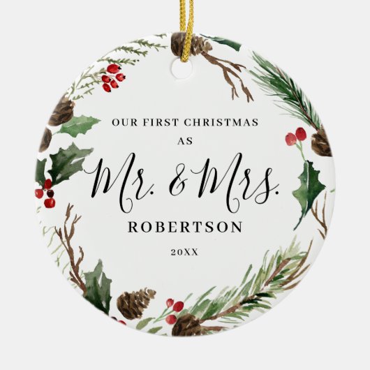 Elegante Weihnachtsgrün Mr. & Mrs. Keramik Ornament (Vorne)
