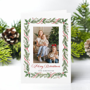 Elegante Weihnachtsgrünausrüstung mit Band Foto Feiertagskarte