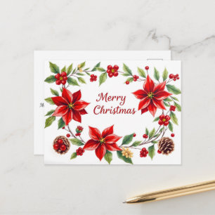 Elegante Weihnachtskarte mit Blumen und Tannen Mot Postkarte