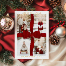Elegante Weihnachtskarte mit roter Schleife und Fo