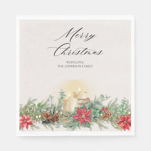 Elegante Weihnachtskerzen & Poinsettia Serviette (Vorderseite)