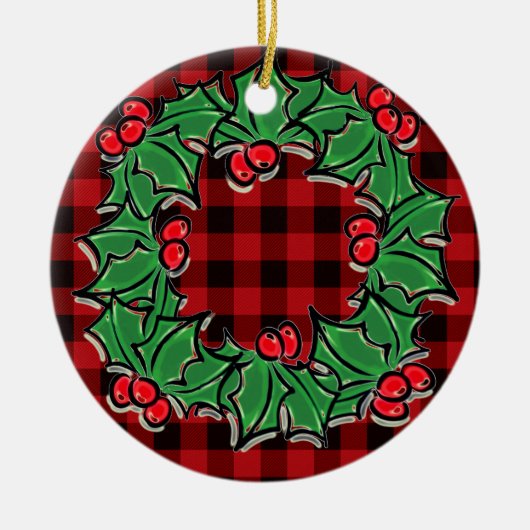 Elegante Weihnachtsklassiker Roter Karierter Holly Keramik Ornament (Vorne)