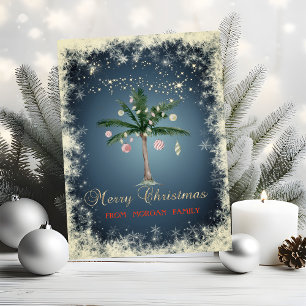Elegante Weihnachtskugeln, Palme, Schneeflocken Feiertagskarte