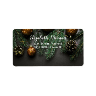 Elegante Weihnachtskugeln, Tannenzweig Adressaufkleber
