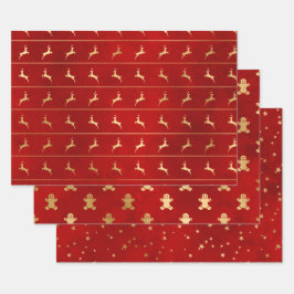 Elegante Weihnachtsmuster in Rot und Gold Geschenkpapier Set