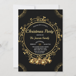Elegante WEIHNACHTSPARTY Schwarze und goldene Gloc Einladung