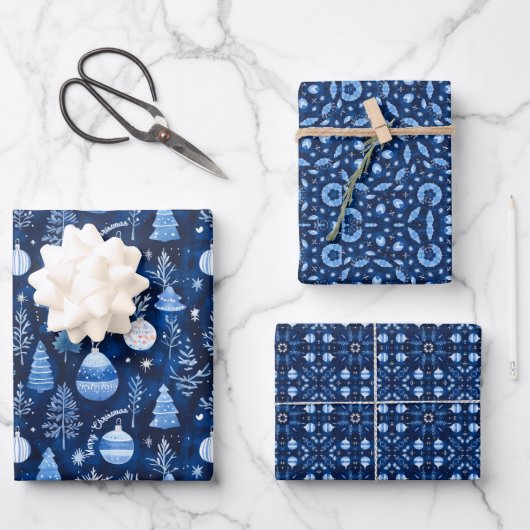 Elegante Weihnachtsschmuck & Mandala Muster Blau Geschenkpapier Set (Vorderseite)