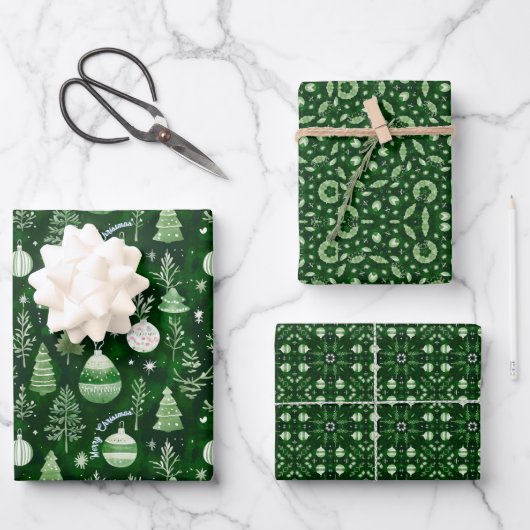 Elegante Weihnachtsschmuck & Mandala Muster Grün Geschenkpapier Set (Vorderseite)