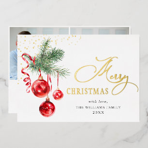 Elegante Weihnachtsschmuck Rote Balls 2 Foto Gold Folien Feiertagskarte
