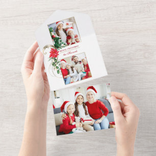 Elegante Weihnachtssterne & goldene Schwünge 2-Fot All In One Einladung
