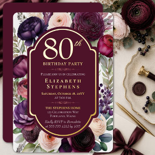 Elegante Wein-Ranunculus 80. Geburtstag Gold Folieneinladung