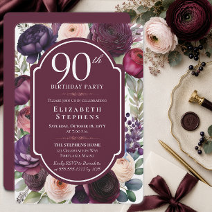 Elegante Wein-Ranunculus-Blumenparty zum 90. Gebur Einladung