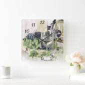 Elegante Weingläser, Lila und grüne Trauben Quadratische Wanduhr (Zuhause)