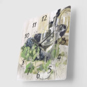 Elegante Weingläser, Lila und grüne Trauben Quadratische Wanduhr (Winkel)