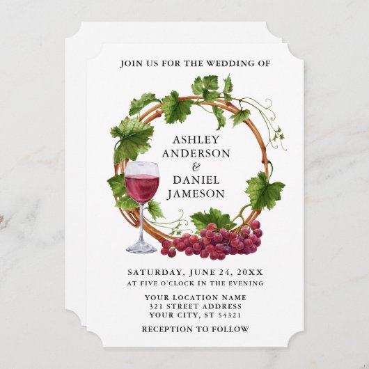 Elegante Weintrauben Watercolor Wreath Hochzeit Einladung (Vorne/Hinten)